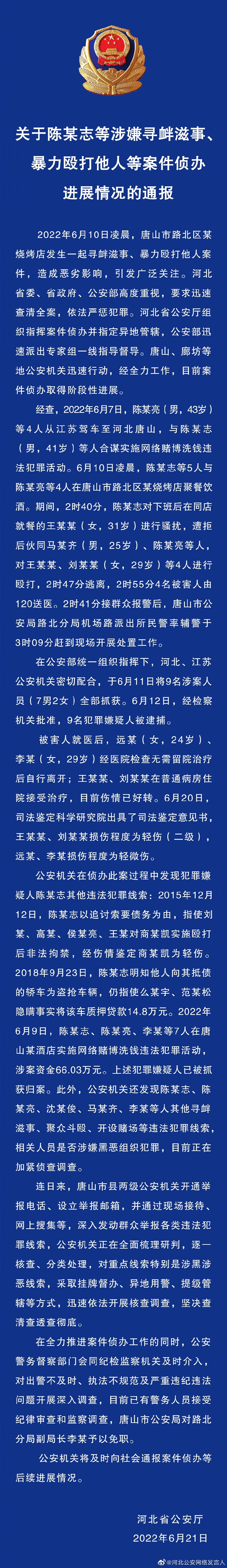 關于陳某志等涉嫌尋釁滋事、暴力毆打他人等案件偵辦進展情況的通報