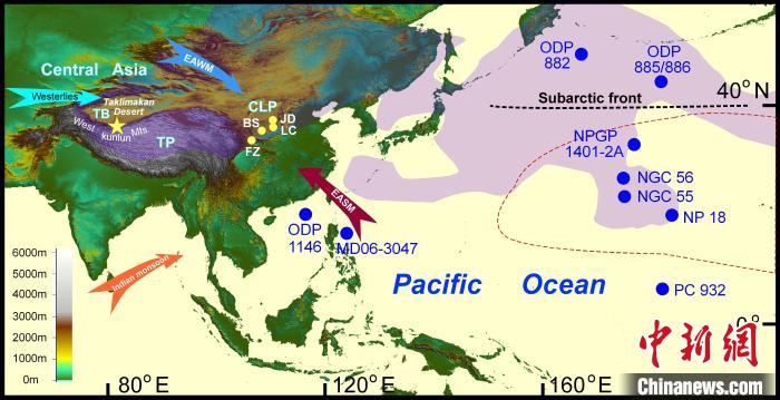 塔里木沙塵傳輸至北太平洋的路徑(陰影區(qū))及西昆侖山黃土巖芯位置(五角星)。　中科院青藏高原所 供圖