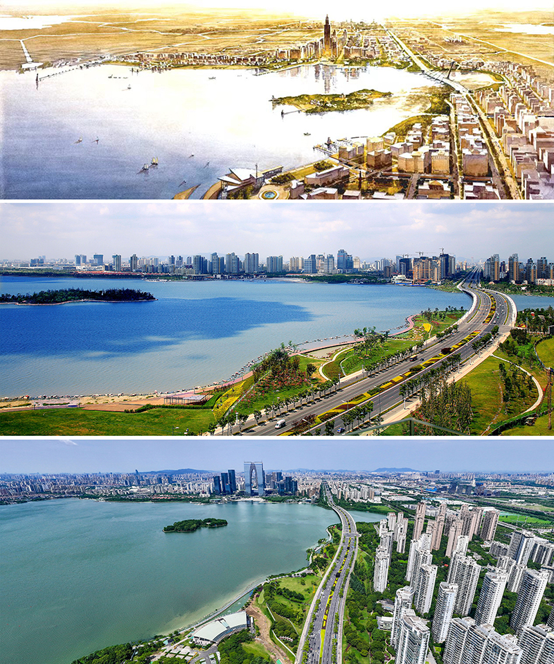 拼版照片：上圖為1994年繪制的蘇州工業(yè)園區(qū)手繪規(guī)劃圖；中圖為2007年拍攝的蘇州工業(yè)園區(qū)；下圖為2023年7月4日用無(wú)人機(jī)拍攝的蘇州工業(yè)園區(qū)。