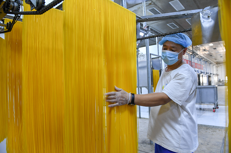 2024年1月25日，在吉林省公主嶺市的一家公司車間，工人查看玉米面條生產(chǎn)情況。