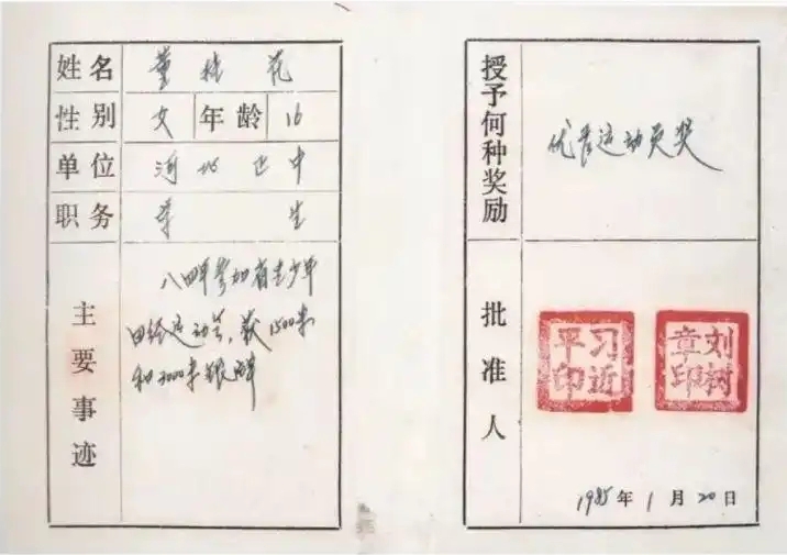圖為1985年1月，時任正定縣委書記的習(xí)近平為參賽運動員頒發(fā)的“優(yōu)秀運動員獎”。
