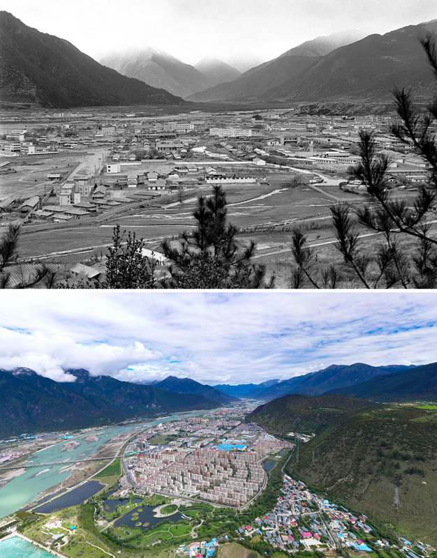 拼版照片：上圖是20世紀(jì)90年代的西藏林芝八一鎮(zhèn)；下圖是2021年7月20日拍攝的西藏林芝八一鎮(zhèn)風(fēng)貌。