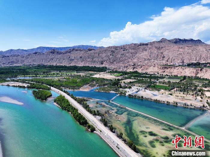 航拍貴德縣黃河岸畔綠意盎然?！●R銘言 攝