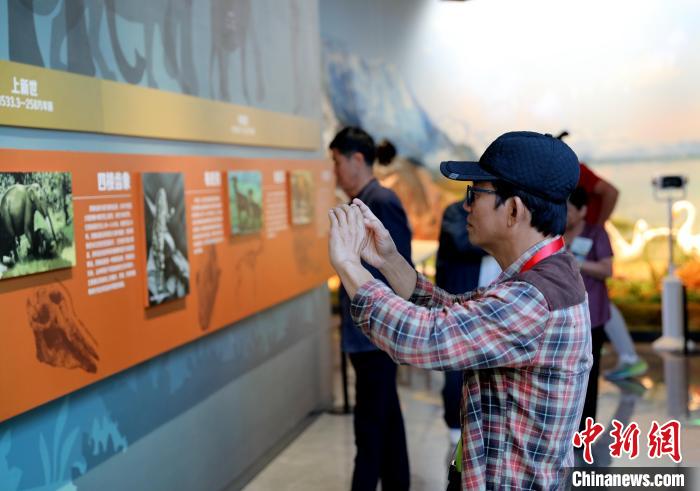 圖為臺(tái)商在祁連山國(guó)家公園生態(tài)科普館觀看墻面藝術(shù)圖文。　薛蒂 攝