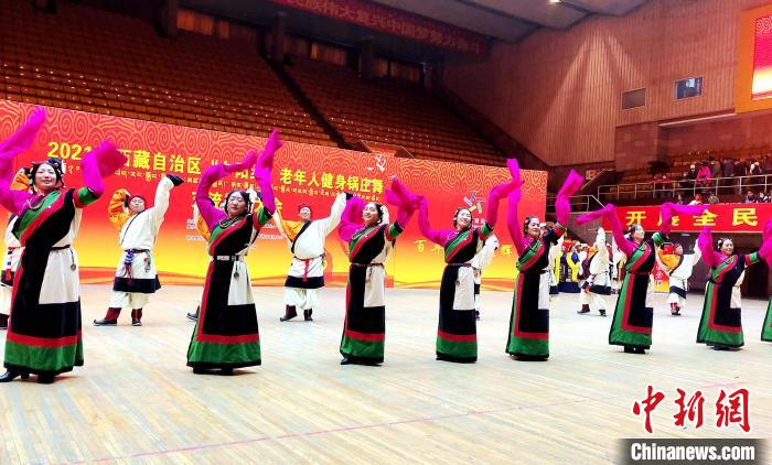圖為西藏老年舞蹈隊(duì)齊跳傳統(tǒng)鍋莊舞?！∝暽＠?攝