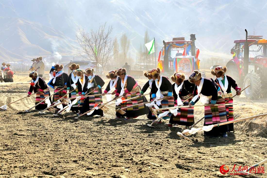 當?shù)卮迕裆碇?jié)日盛裝，舉行春耕儀式。人民網 次仁羅布攝