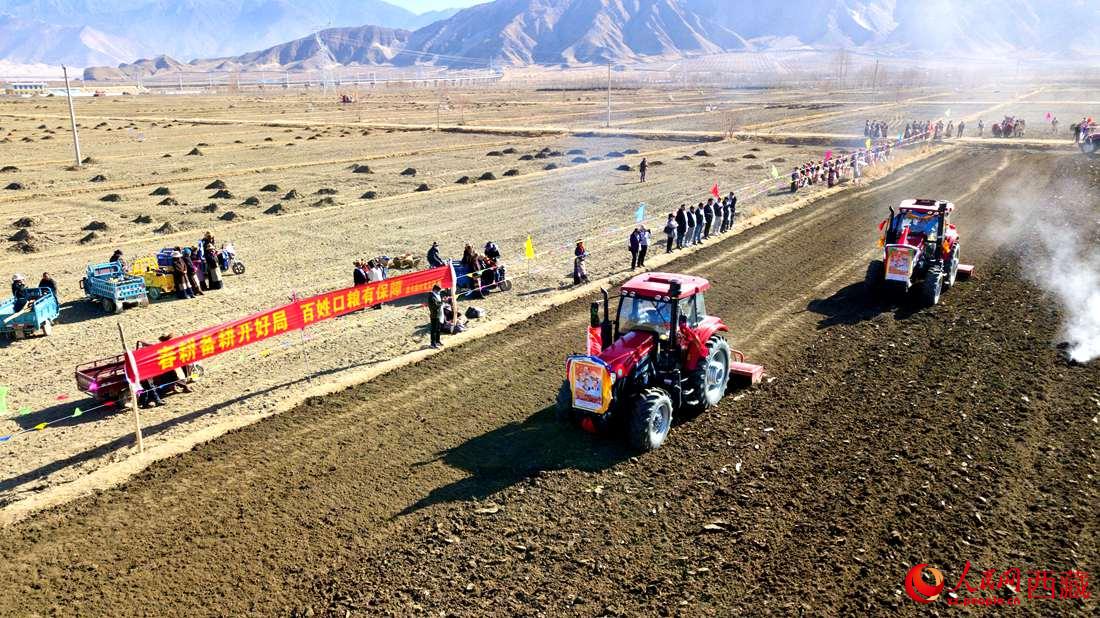 山南市扎囊縣扎其鄉(xiāng)孟卡榮村迎來春耕第一犁。人民網 次仁羅布攝