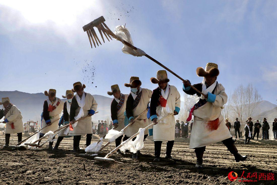 當?shù)卮迕裆碇?jié)日盛裝，舉行春耕儀式。人民網 次仁羅布攝