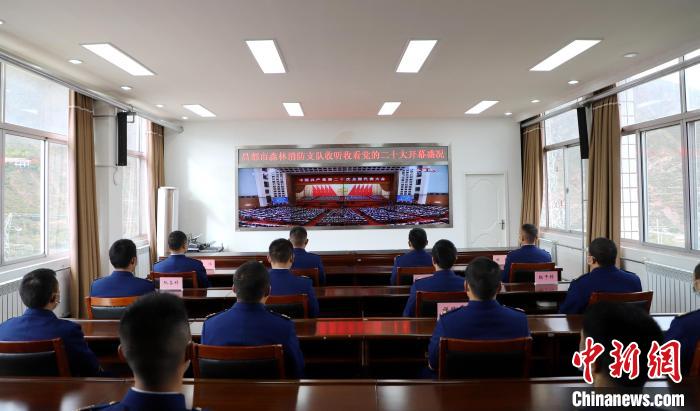 圖為西藏昌都市森林消防支隊收看二十大開幕直播?！⌒焖寂?攝