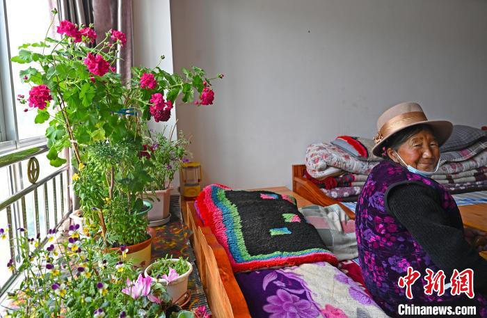 圖為曲松縣特困人員集中供養(yǎng)中心老人德吉卓嘎與她的花?！≮w朗 攝
