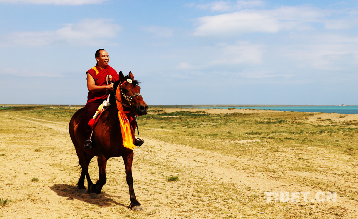 班禪大師在青海湖邊策馬馳騁2。攝影： 噶哇扎西.jpg