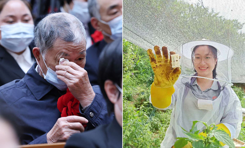 左圖為2021年2月25日，黃文秀的父親黃忠杰在全國脫貧攻堅(jiān)表彰大會上；右圖為黃文秀生前工作照。